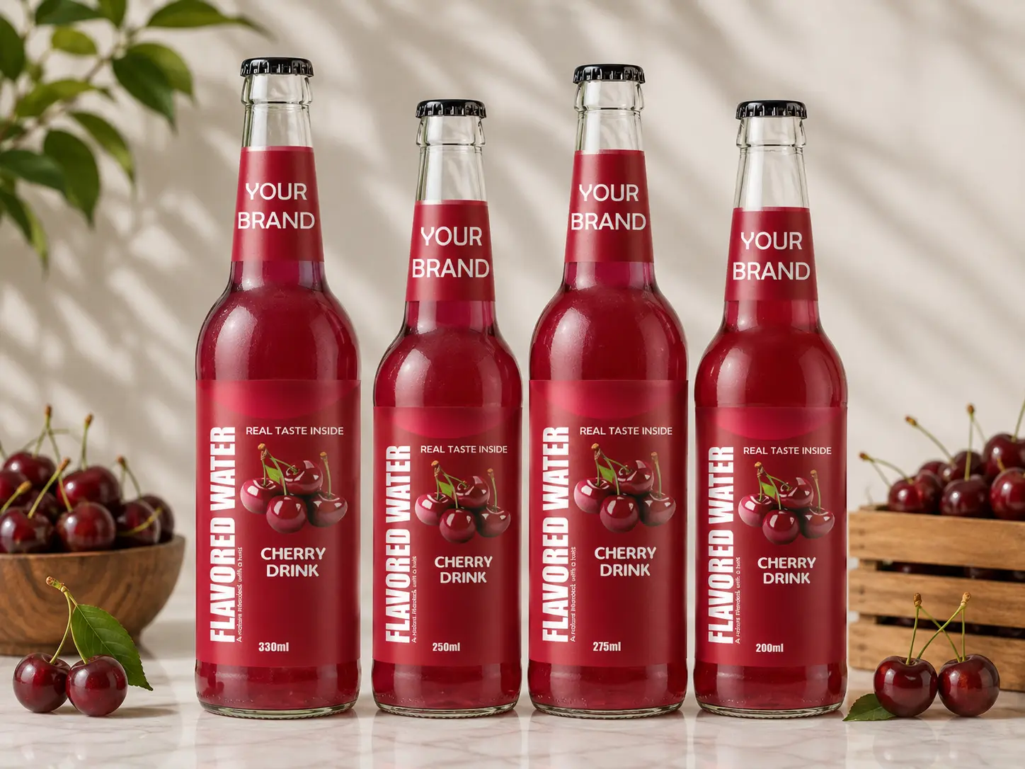 FLAVORED WATER Cherry flavour in 200ml, 250ml, 275ml and 330ml glass bottles.